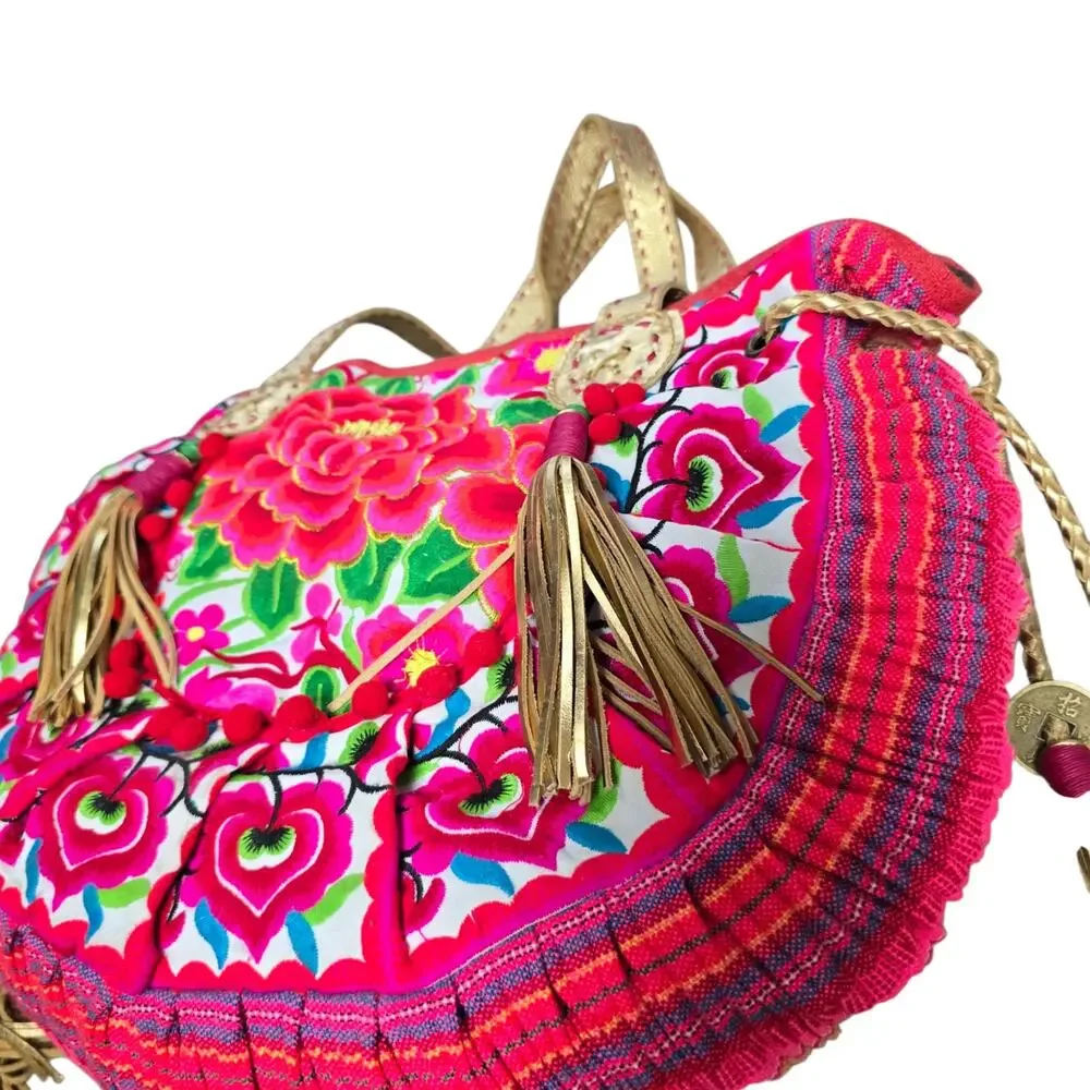 Boho Floral Embroidered Half Moon Shoulder Bag Ethnic Thai Tote Pink